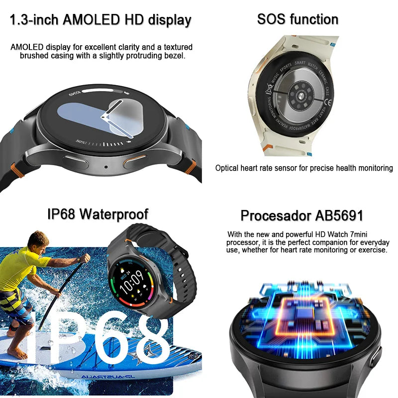 New Smart Watch 7 Mini Women GPS Motion Track NFC AMOLED Display Compass Heart rate Games Bluetooth Call Waterproof Men Watch